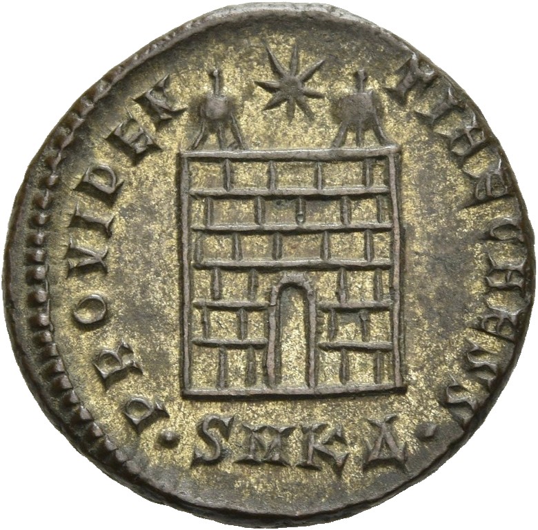 RIC VII Cyzicus 46 Constantine I reverse, Camp gate with two turrets, without doors, with varying number of stone layers; ...