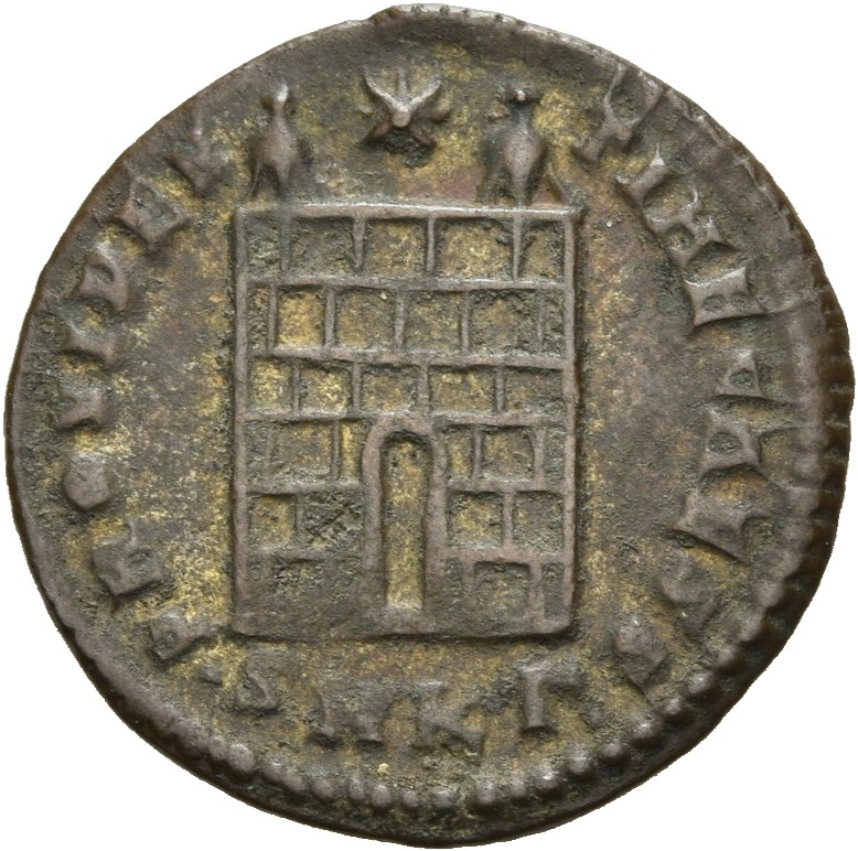 RIC VII Cyzicus 48 Constantine I reverse, Camp gate with two turrets, without doors, with varying number of stone layers; ...