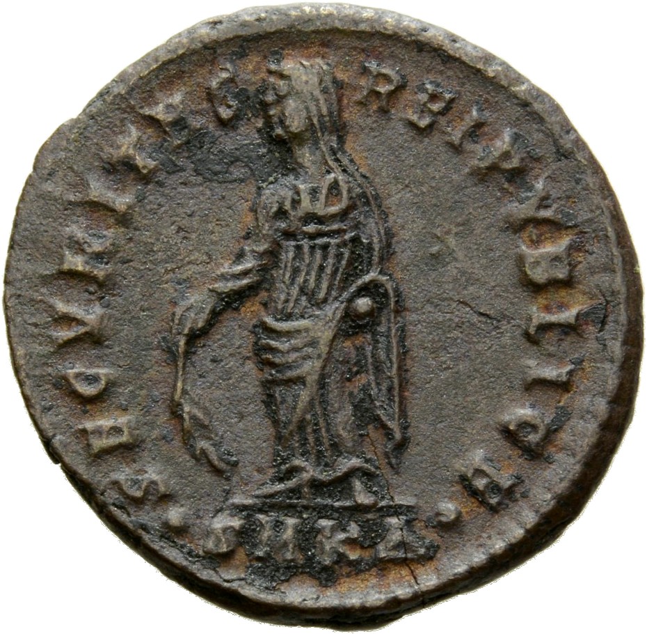 Constantine I reverse — Securitas, draped, standing left, raising robe with right hand and lowering branch with left hand
