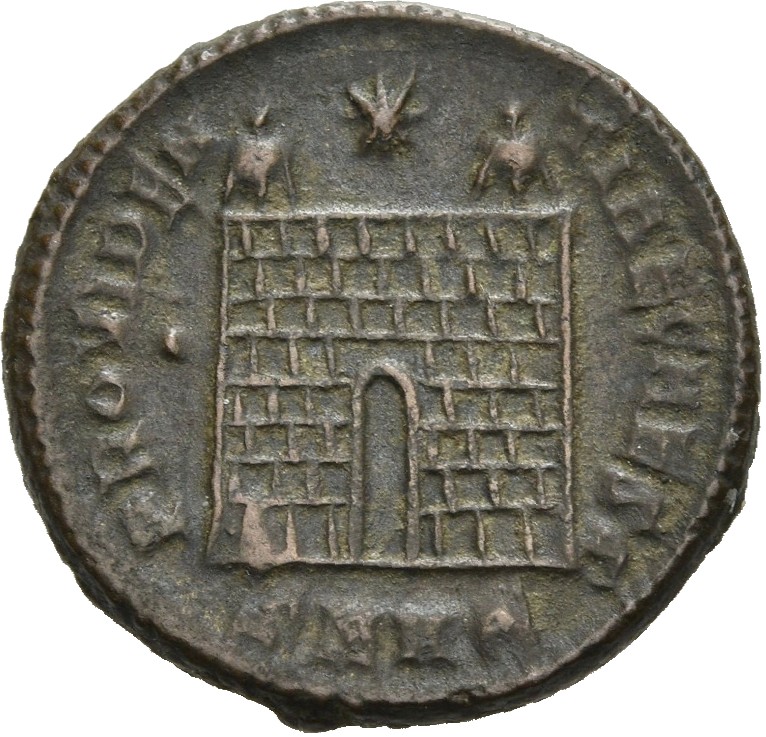 RIC VII Cyzicus 53 Constantine I reverse, Camp gate with two turrets, without doors, with varying number of stone layers; ...