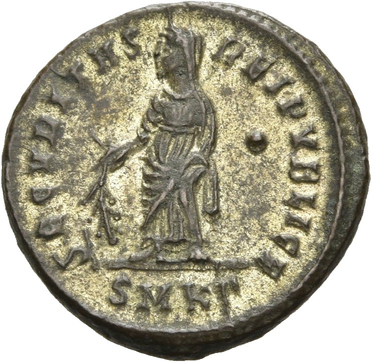 RIC VII Cyzicus 54 Constantine I reverse, Securitas, draped, standing left, raising robe with right hand and lowering bran...