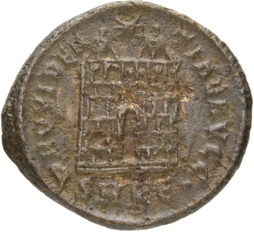 RIC VII Cyzicus 55 Constantine I reverse, Camp gate with two turrets, without doors, with varying number of stone layers; ...