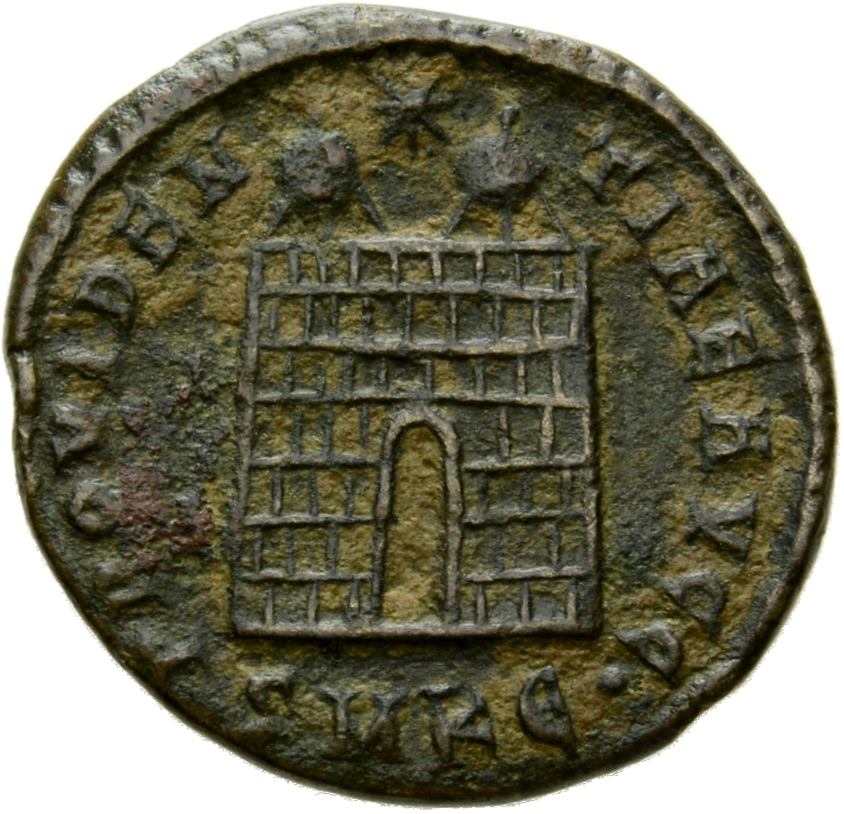 Constantine I reverse — Camp gate with two turrets, without doors, with varying number of stone layers; star above