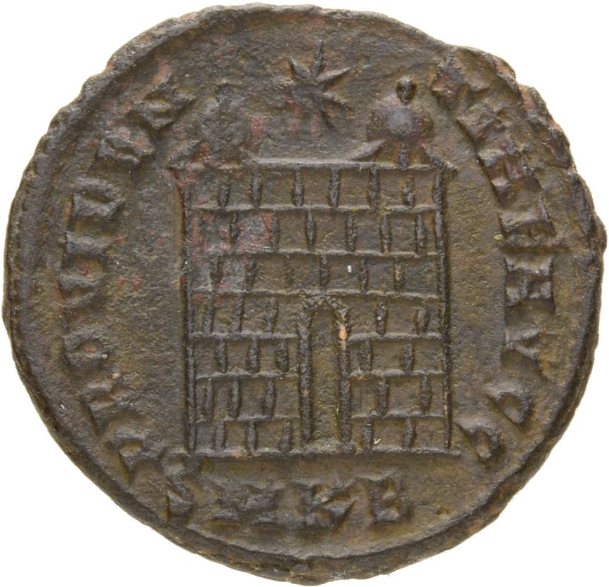 Constantine I reverse — Camp gate with two turrets, without doors, with varying number of stone layers; star above
