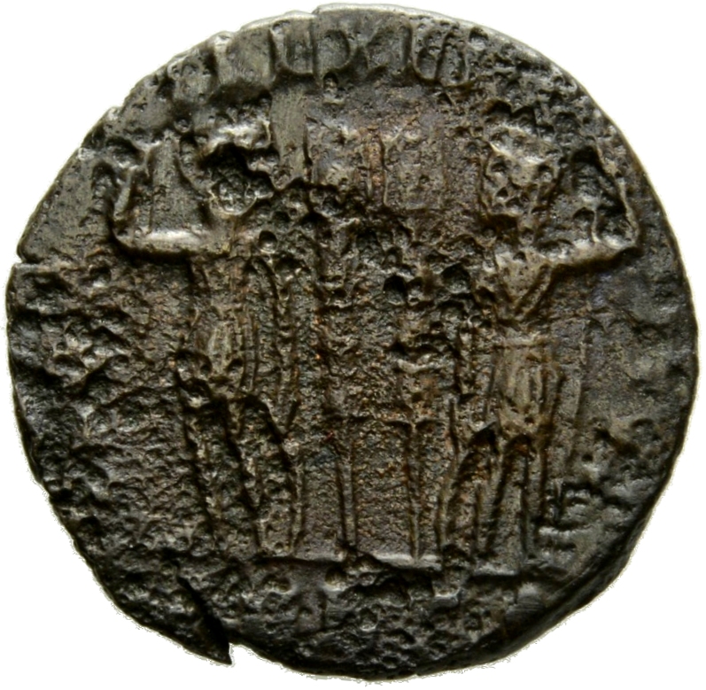 Constantine I reverse — Two soldiers, helmeted, draped, cuirassed, standing facing each other, each holding spear in outer hand and resting inner hand on shield; between them, two standards