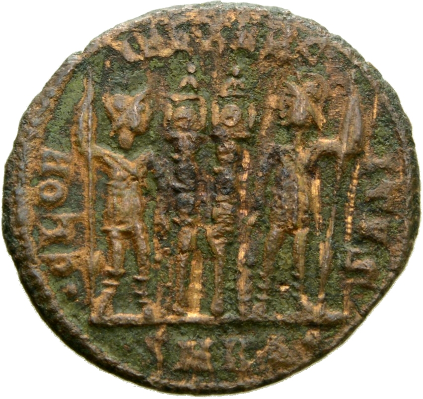Constantine I reverse — Two soldiers, helmeted, draped, cuirassed, standing facing each other, each holding spear in outer hand and resting inner hand on shield; between them, two standards