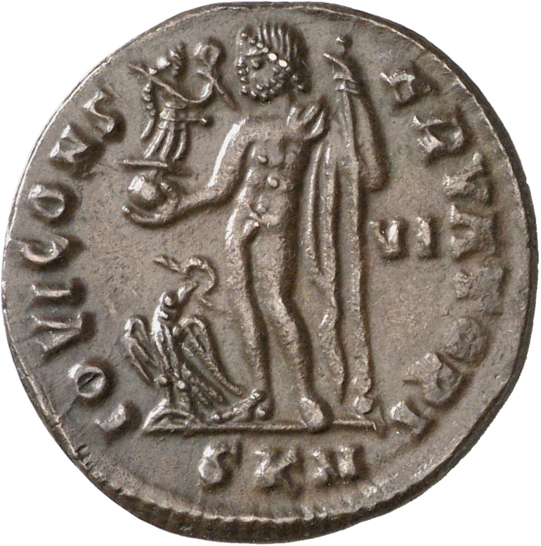 RIC VII Cyzicus 7 Licinius reverse, Jupiter, nude, chlamys draped across left shoulder, standing left, holding Victory on ...