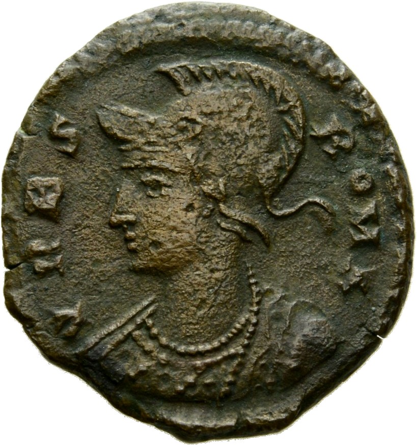 Constantine I obverse — Bust of Roma, helmeted, wearing imperial cloak, left