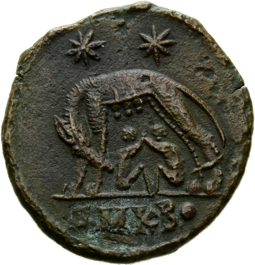 Constantine I reverse — She-wolf, standing left, suckling twins; above, two stars