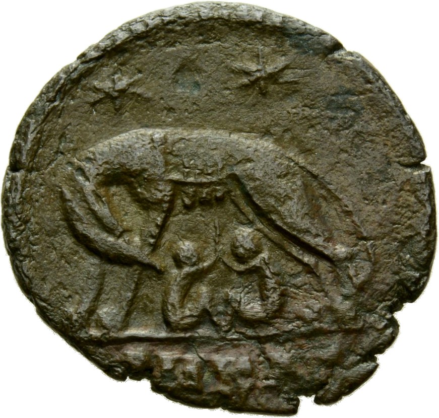 RIC VII Cyzicus 72 Constantine I reverse, She-wolf, standing left, suckling twins; above, two stars