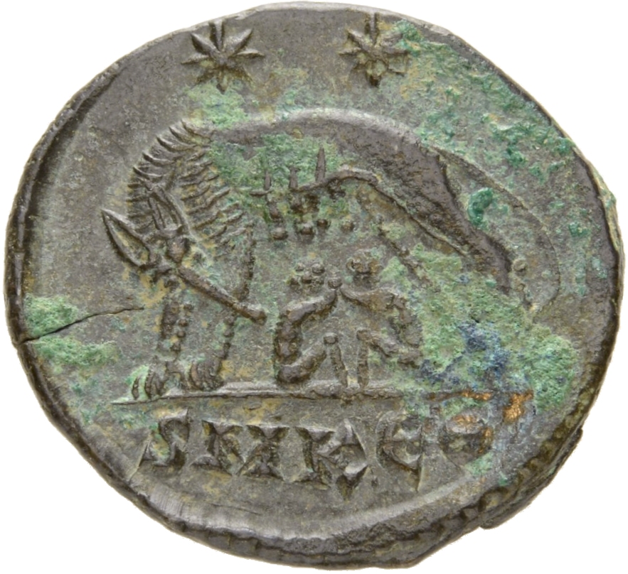 Constantine I reverse — She-wolf, standing left, suckling twins; above, two stars