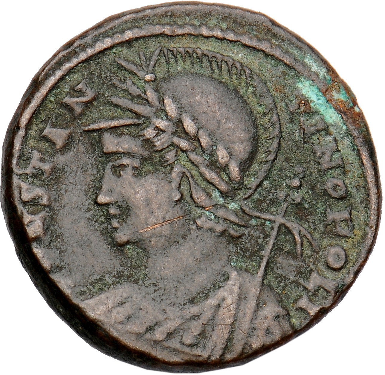 RIC VII Cyzicus 73 Constantine I obverse, Bust of Constantinopolis, laureate, helmeted, wearing imperial cloak, left, hold...