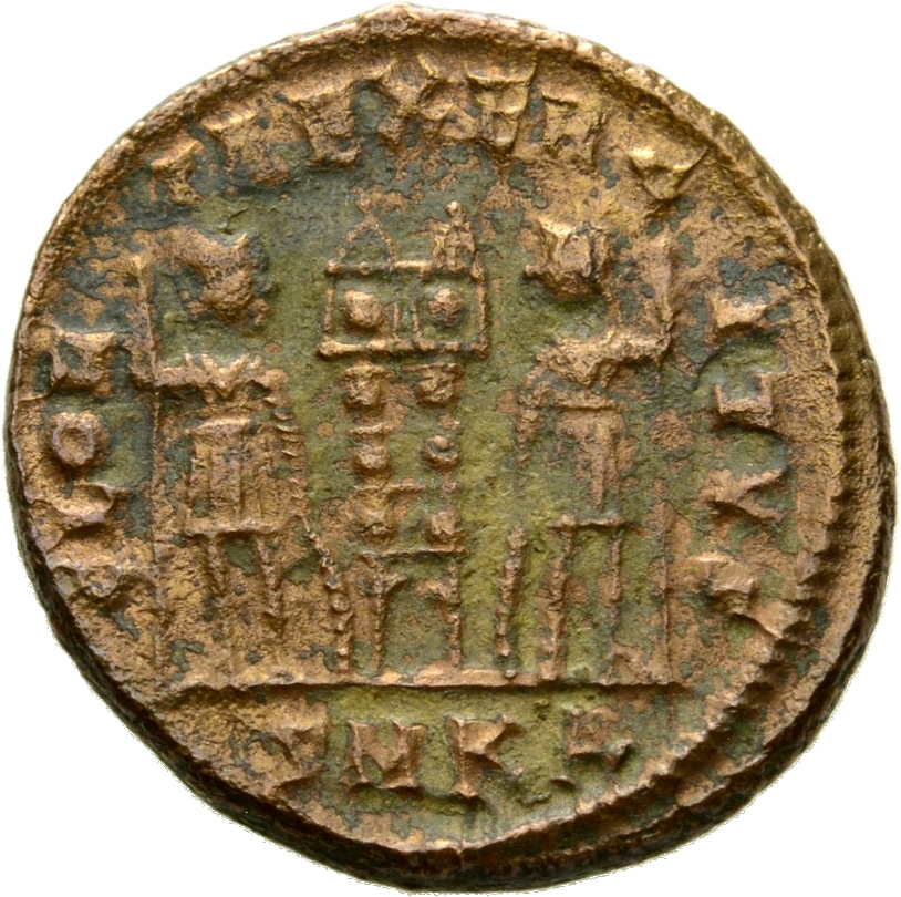 RIC VII Cyzicus 78 Constantine I reverse, Two soldiers, helmeted, draped, cuirassed, standing facing each other, each hold...