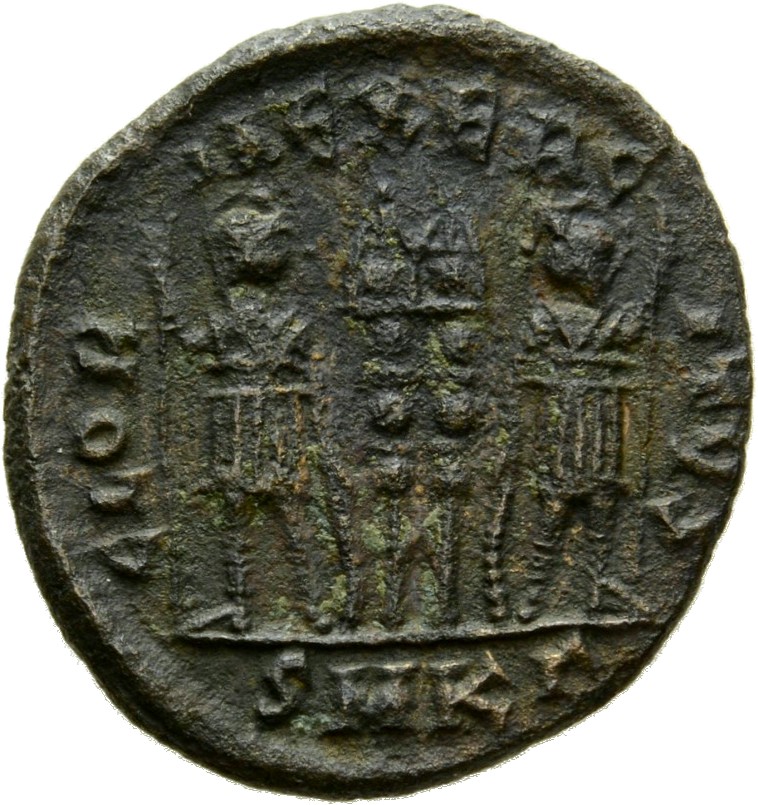 Constantine I reverse — Two soldiers, helmeted, draped, cuirassed, standing facing each other, each holding spear in outer hand and resting inner hand on shield; between them, two standards