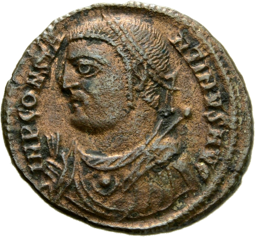 RIC VII Cyzicus 8 Licinius obverse, Bust of Constantine I, laureate, draped, left, holding sceptre in right hand and mappa...