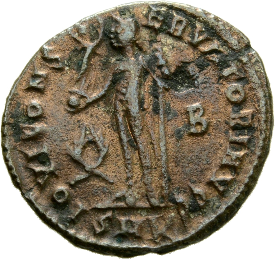 RIC VII Cyzicus 8 Licinius reverse, Jupiter, nude, chlamys draped across left shoulder, standing left, holding Victory on ...
