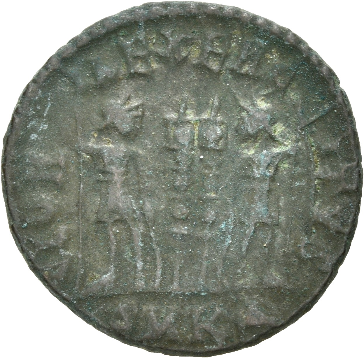RIC VII Cyzicus 80 Constantine I reverse, Two soldiers, helmeted, draped, cuirassed, standing facing each other, each hold...