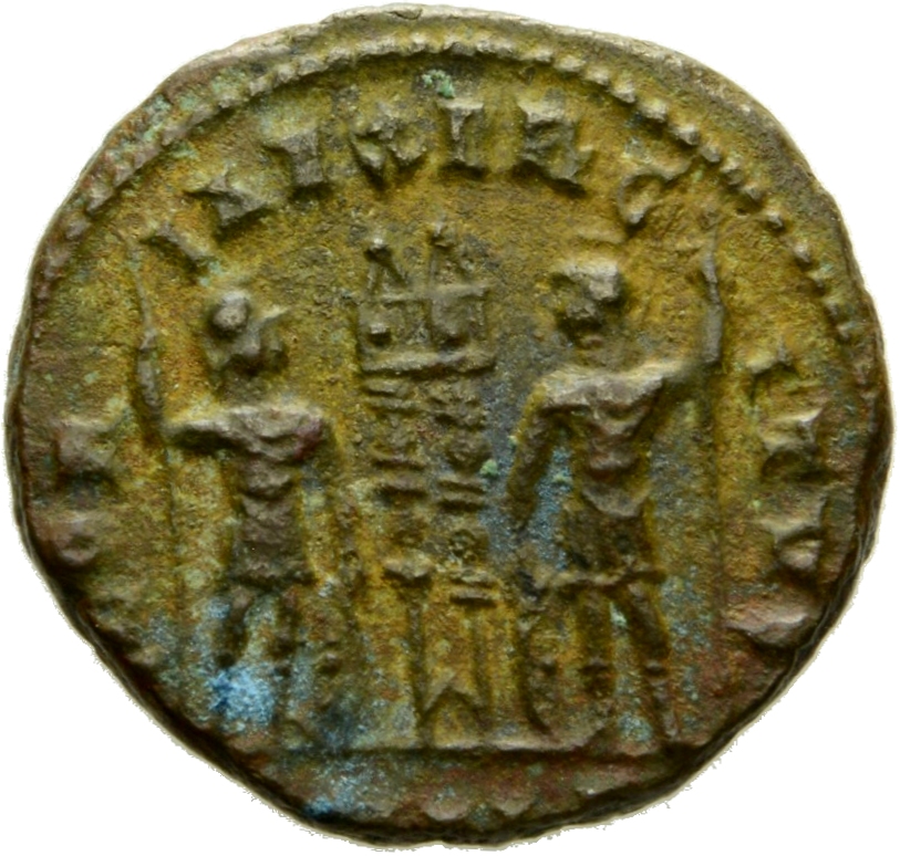 Constantine I reverse — Two soldiers, helmeted, draped, cuirassed, standing facing each other, each holding spear in outer hand and resting inner hand on shield; between them, two standards