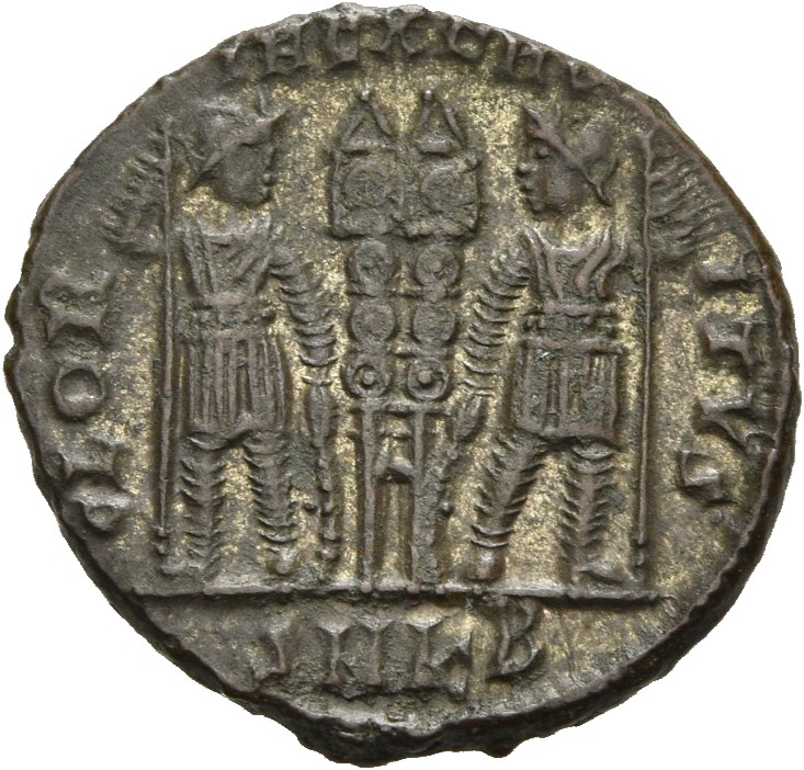 RIC VII Cyzicus 84 Constantine I reverse, Two soldiers, helmeted, draped, cuirassed, standing facing each other, each hold...