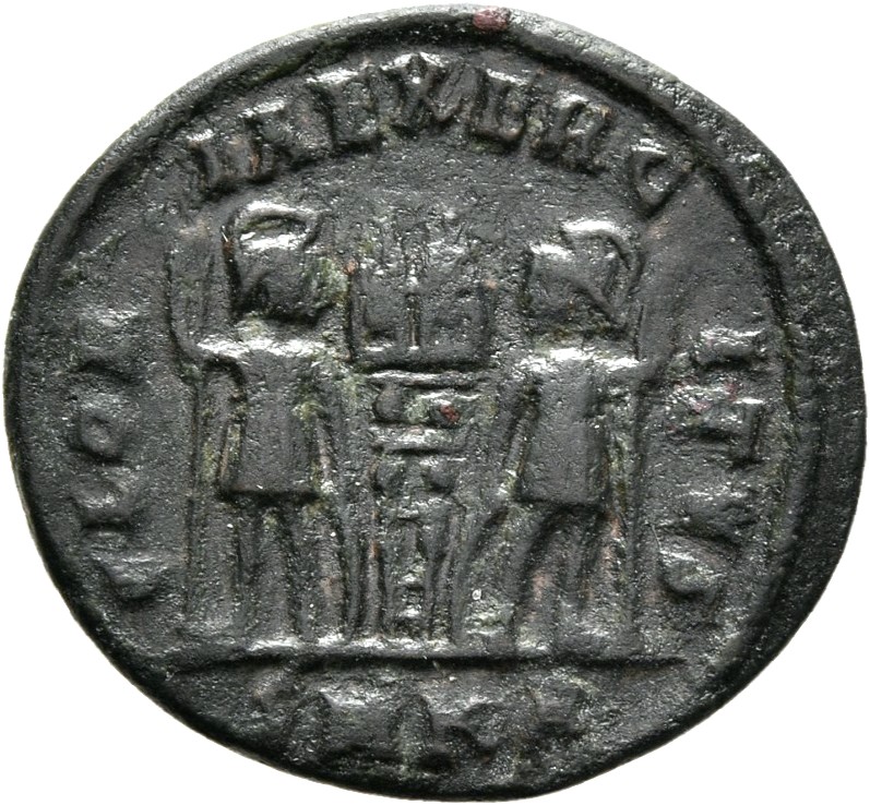 RIC VII Cyzicus 84 Constantine I reverse, Two soldiers, helmeted, draped, cuirassed, standing facing each other, each hold...