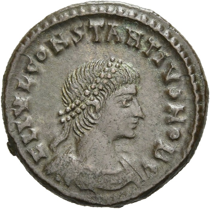 RIC VII Cyzicus 86 Constantine I obverse, Bust of Constantius II, pearl-diademed, draped, cuirassed, right
