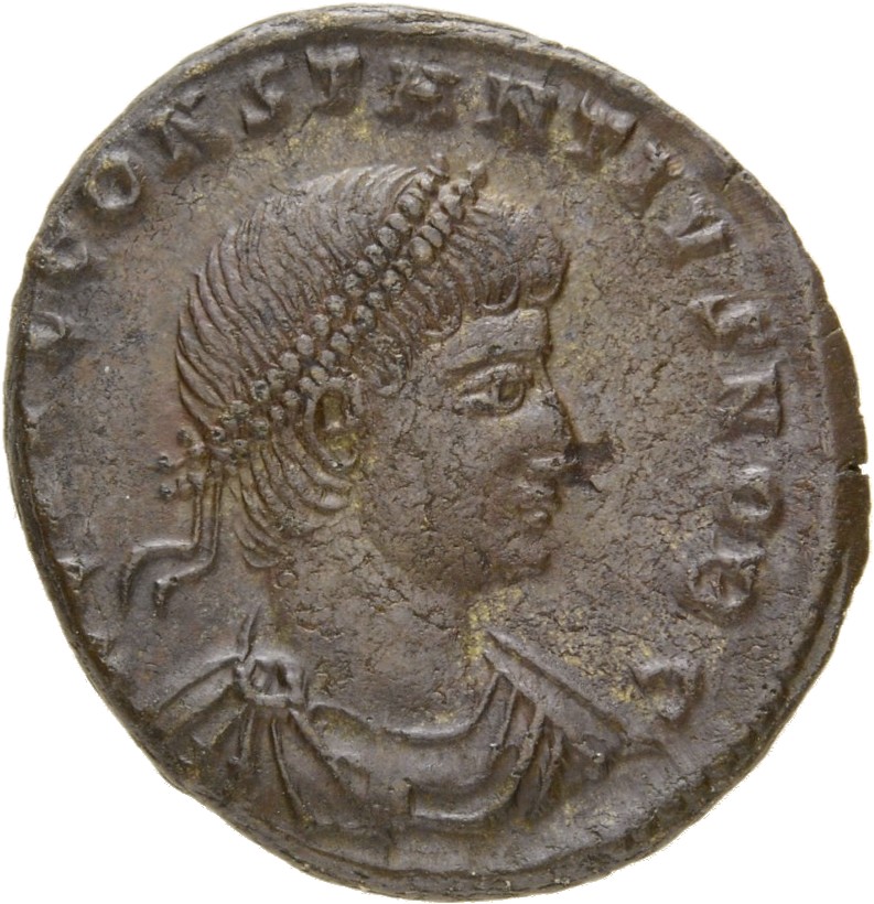 Constantine I obverse — Bust of Constantius II, pearl-diademed, draped, cuirassed, right