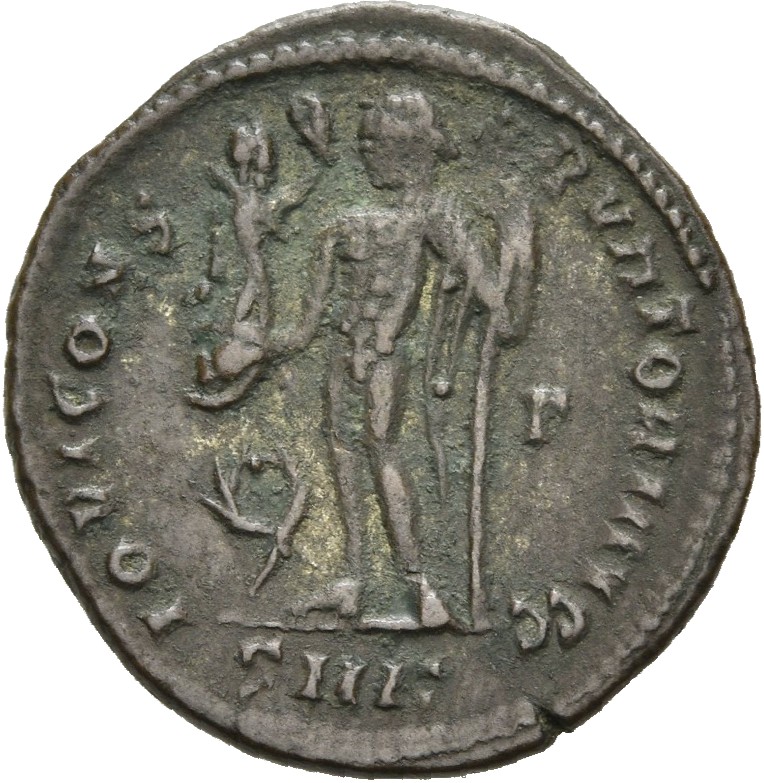 RIC VII Cyzicus 9 Licinius reverse, Jupiter, nude, chlamys draped across left shoulder, standing left, holding Victory on ...