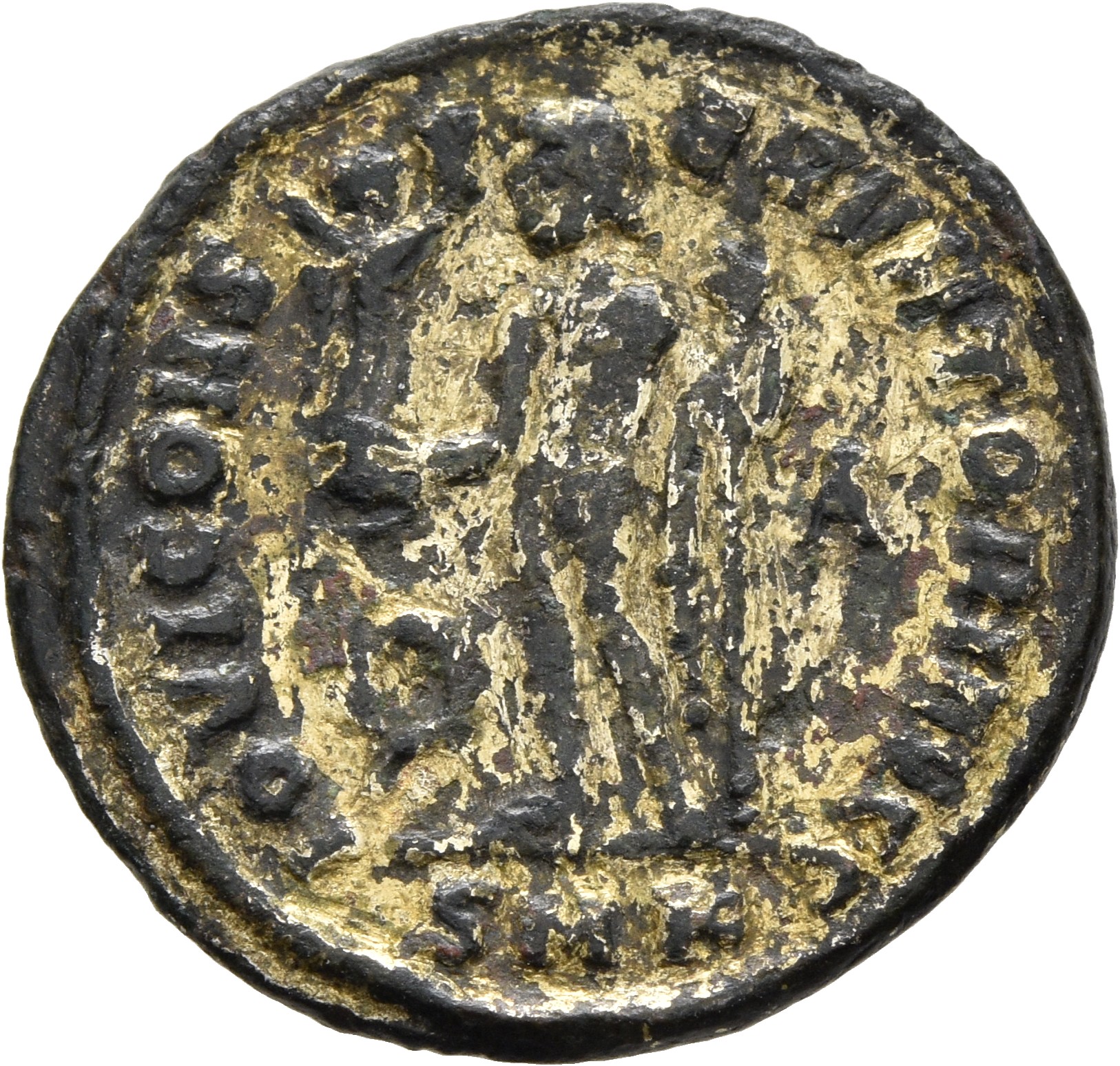 RIC VII Cyzicus 9 Licinius reverse — Jupiter, nude, chlamys draped across left shoulder, standing left, holding Victory on...
