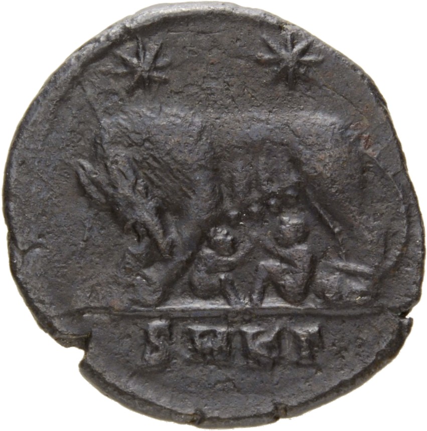 RIC VII Cyzicus 91 Constantine I reverse, She-wolf, standing left, suckling twins; above, two stars