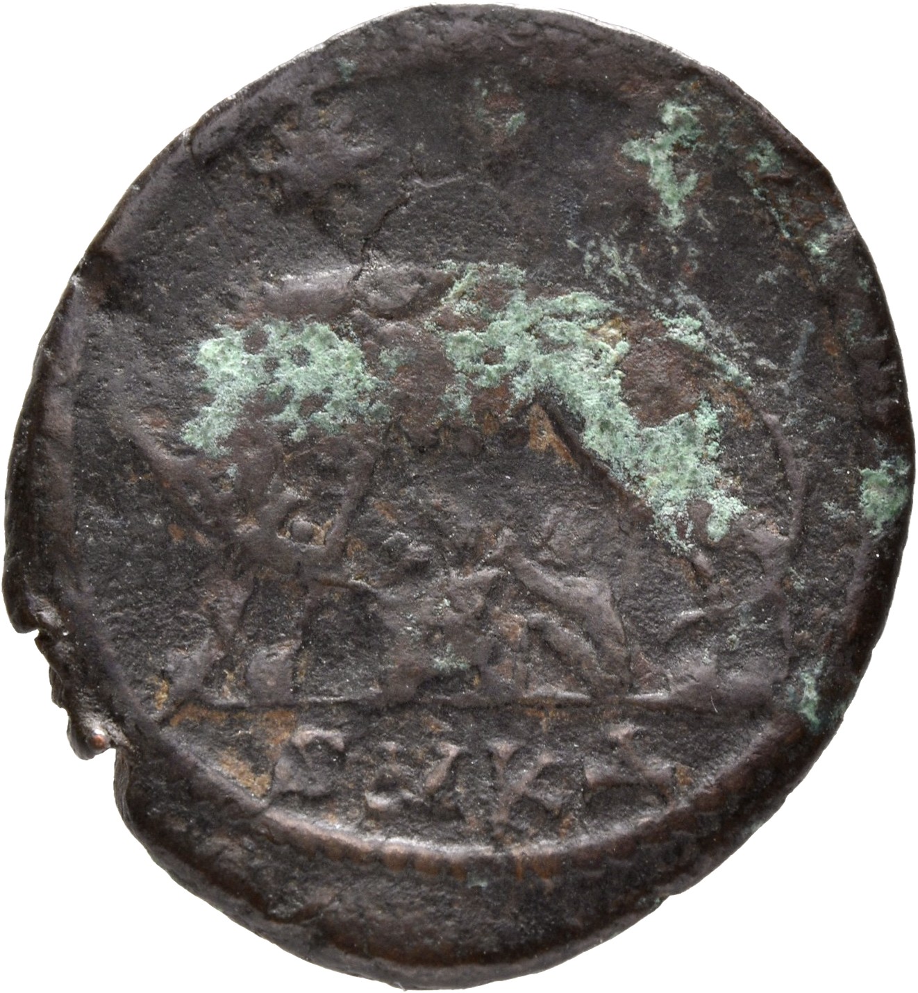 Constantine I reverse — She-wolf, standing left, suckling twins; above, two stars