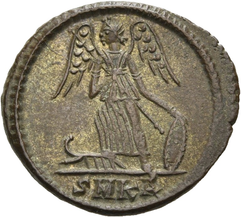 RIC VII Cyzicus 93 Constantine I reverse, Victory, winged, draped, standing left on prow, holding spear in right hand and ...