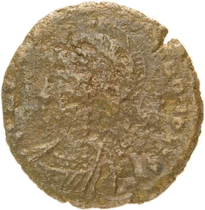 Constantine I obverse — Bust of Constantinopolis, pearl-diademed, helmeted, wearing imperial cloak, left, holding reversed spear in right hand