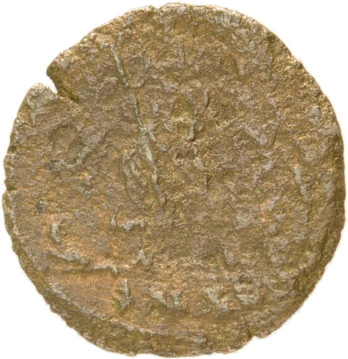 Constantine I reverse — Victory, winged, draped, standing left on prow, holding spear in right hand and shield in left hand
