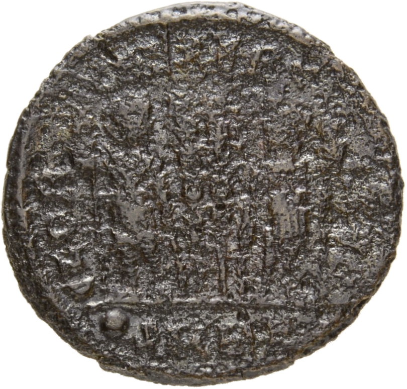RIC VII Cyzicus 96 Constantine I reverse, Two soldiers, helmeted, draped, cuirassed, standing facing each other, each hold...