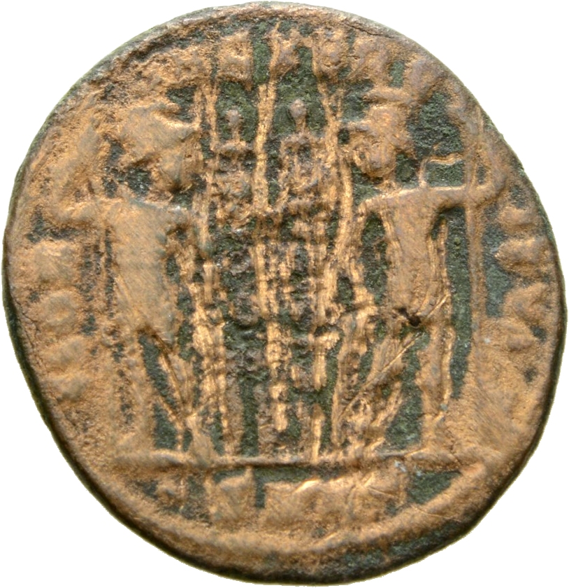 RIC VII Cyzicus 97 Constantine I reverse, Two soldiers, helmeted, draped, cuirassed, standing facing each other, each hold...