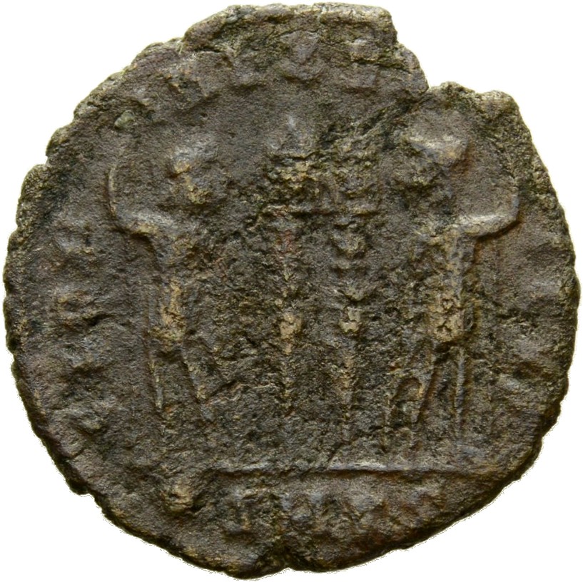 Constantine I reverse — Two soldiers, helmeted, draped, cuirassed, standing facing each other, each holding spear in outer hand and resting inner hand on shield; between them, two standards