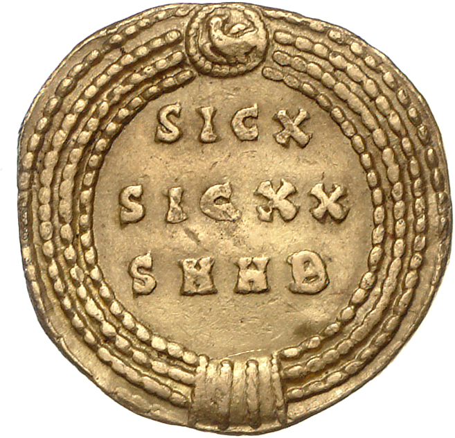 RIC VII Heraclea 10 Licinius reverse, SIC X/SIC XX within a fourfold wreath with mint mark; at top of wreath, small eagle ...