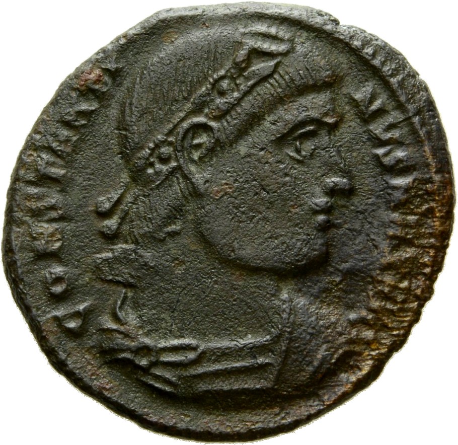 Constantine I obverse — Bust of Constantine I, rosette-diademed, draped, cuirassed, right