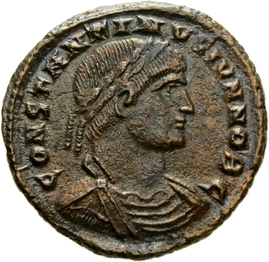 Constantine I obverse — Bust of Constantine II, laureate, draped, cuirassed, right