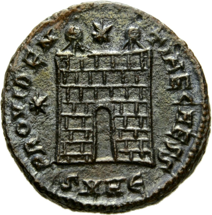 Constantine I reverse — Camp gate with two turrets, without doors, varying number of stone layers; star above