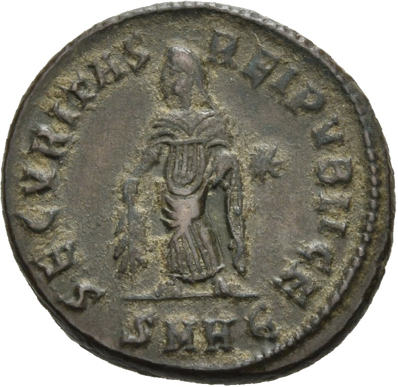 RIC VII Heraclea 110 Constantine I reverse, SECURITAS, draped, standing left, raising robe with right hand and lowering br...