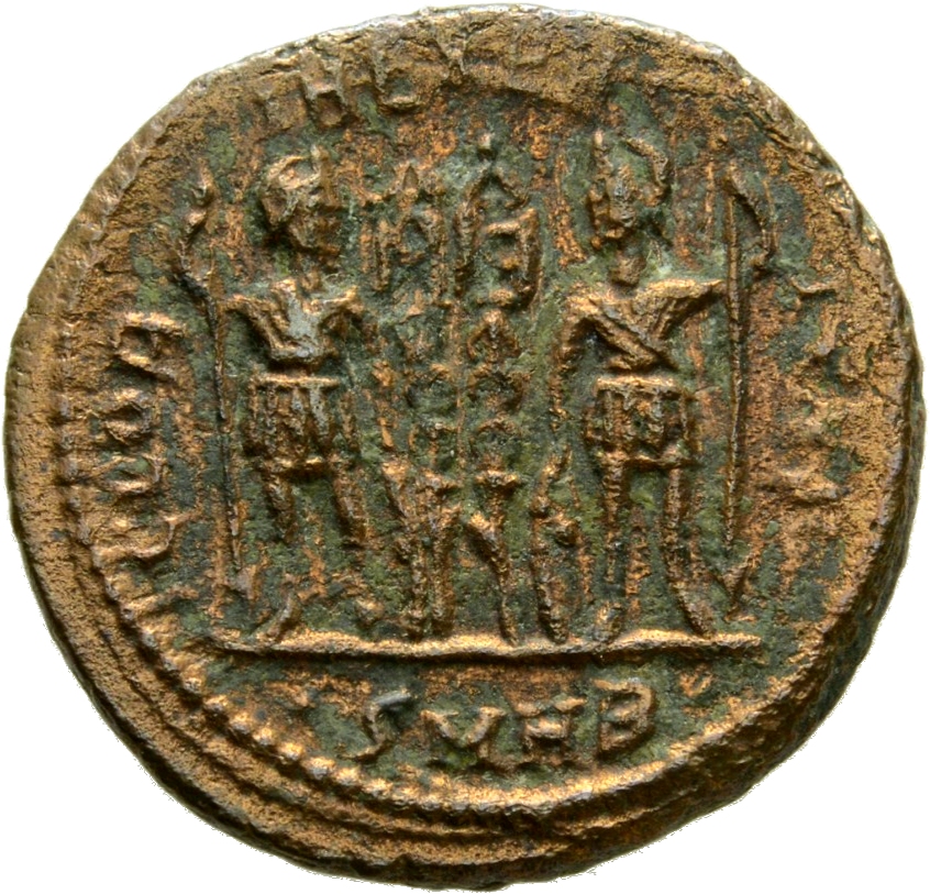 Constantine I reverse — Two soldiers, helmeted, draped, cuirassed, standing facing each other, each holding spear in outer hand and resting inner hand on shield; between them, two standards
