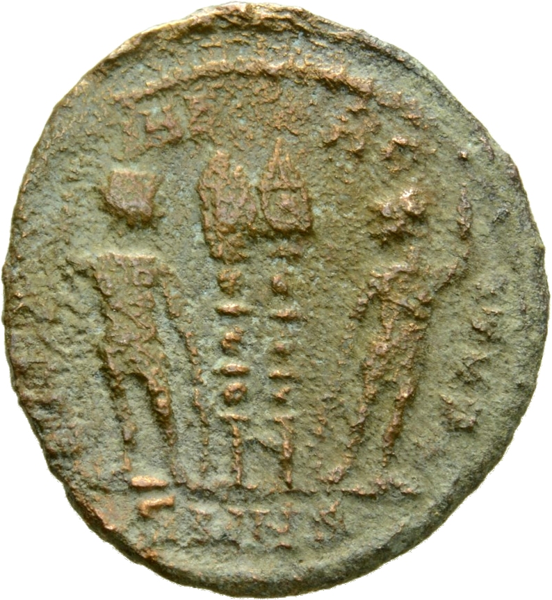 Constantine I reverse — Two soldiers, helmeted, draped, cuirassed, standing facing each other, each holding spear in outer hand and resting inner hand on shield; between them, two standards