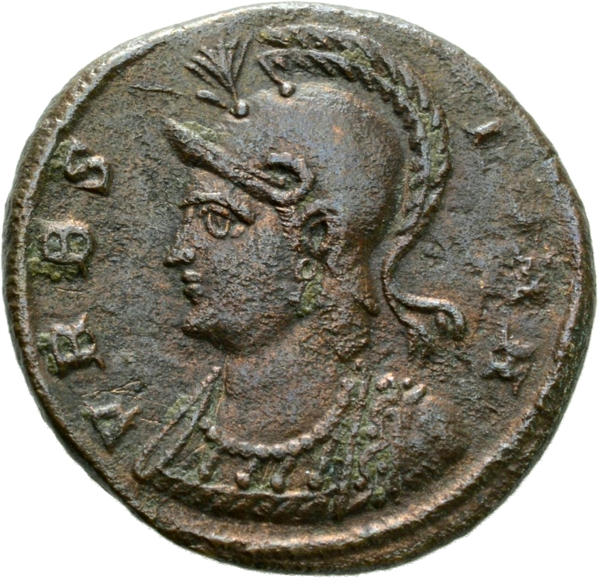 Constantine I obverse — Bust of Roma, helmeted, wearing imperial cloak, left