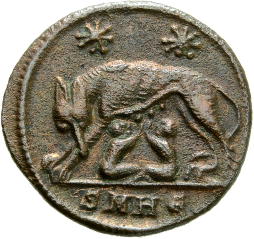Constantine I reverse — She-wolf, standing left, suckling twins; above, two stars