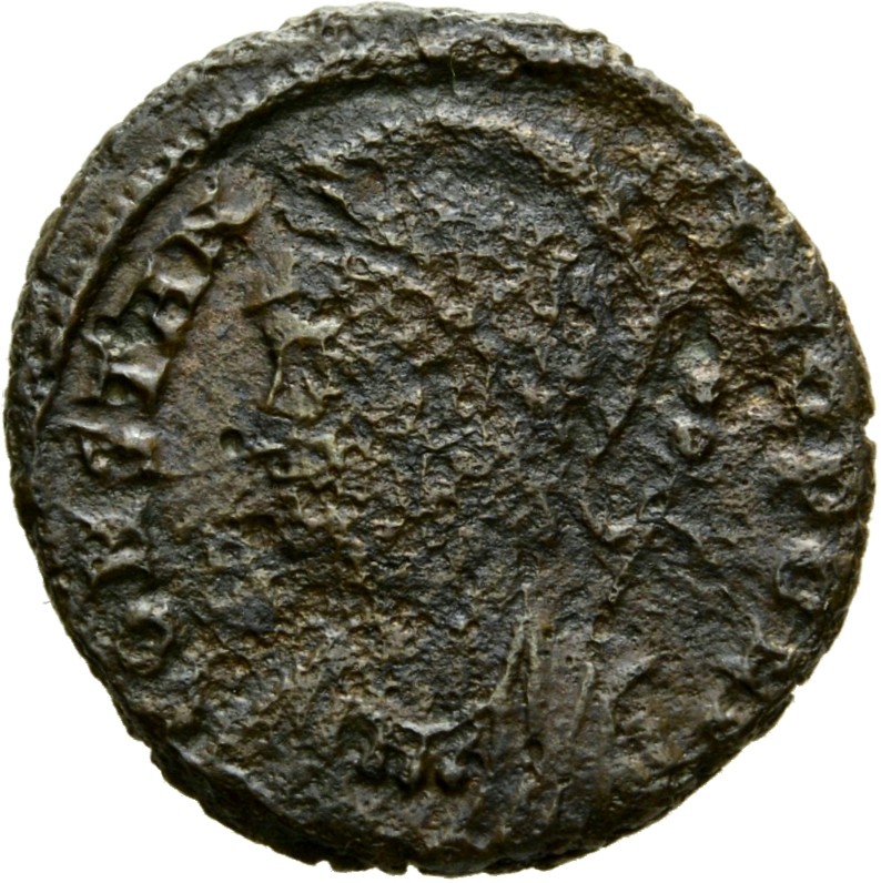 Constantine I obverse — Bust of Constantinopolis, laureate, helmeted, wearing imperial cloak, left, holding reversed spear in right hand