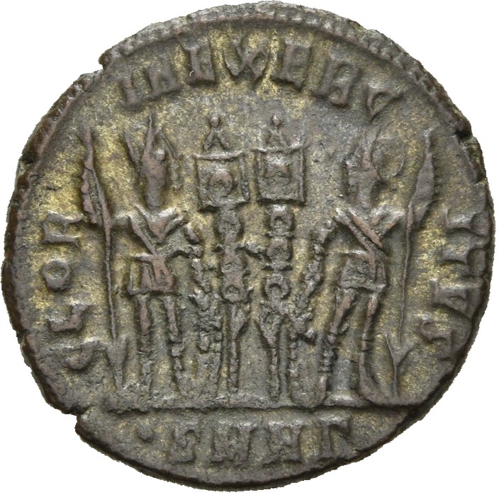 RIC VII Heraclea 118 Constantine I reverse, Two soldiers, helmeted, draped, cuirassed, standing facing each other, each ho...