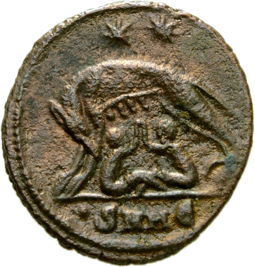 RIC VII Heraclea 119 Constantine I reverse, She-wolf, standing left, suckling twins; above, two stars
