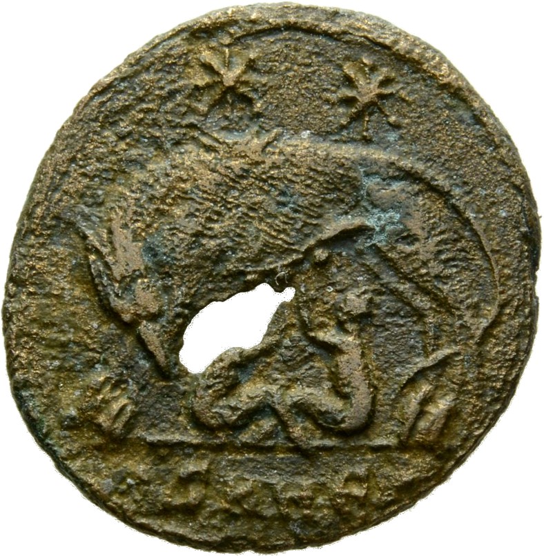 Constantine I reverse — She-wolf, standing left, suckling twins; above, two stars