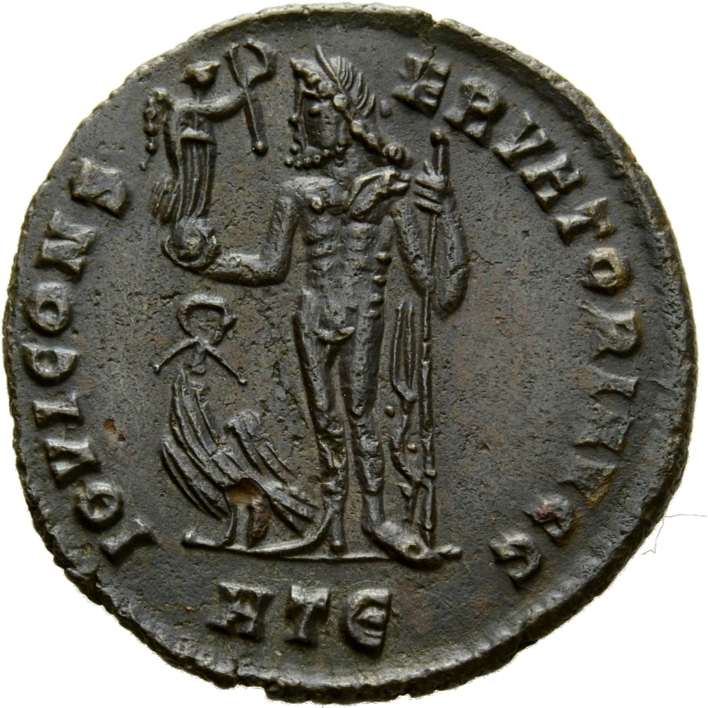 RIC VII Heraclea 12 Licinius reverse, Jupiter, nude, chlamys draped across left shoulder, standing left, holding Victory o...